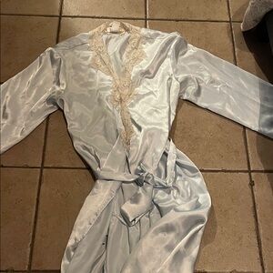 Talbots Satin Robe with Lace Trim - Light Blue